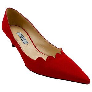 Prada Red Suede Scalloped Edge Kitten Heel Pumps
